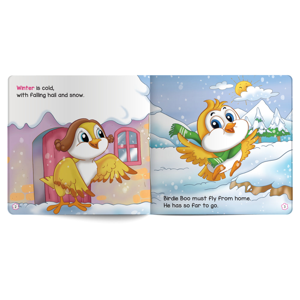 Illustrated book pages with cartoon birds in a snowy scene