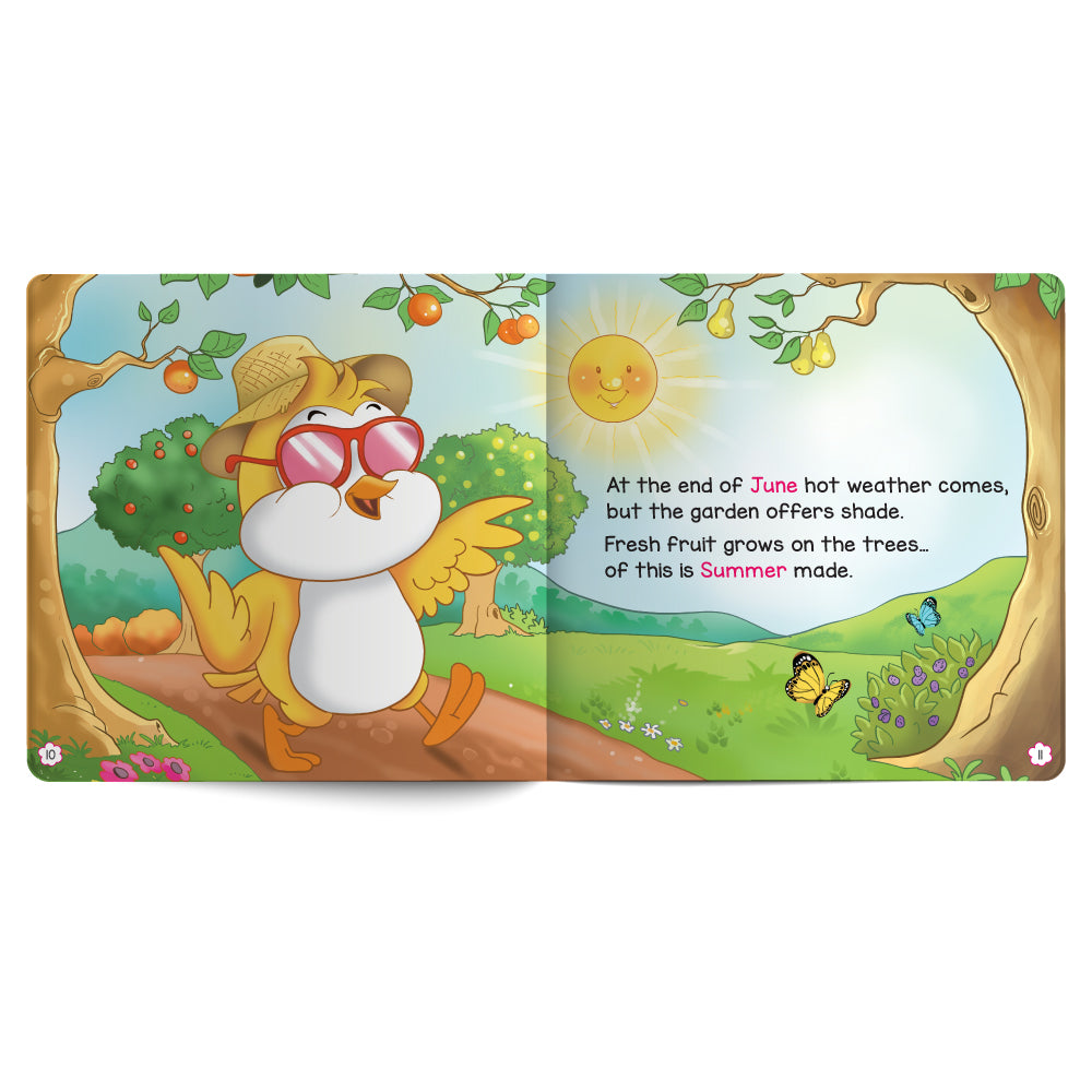 Illustrated book page with a cartoon owl in sunglasses and a garden scene.