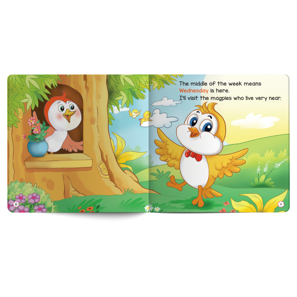 Illustrated book page with an owl and a magpie in a forest setting