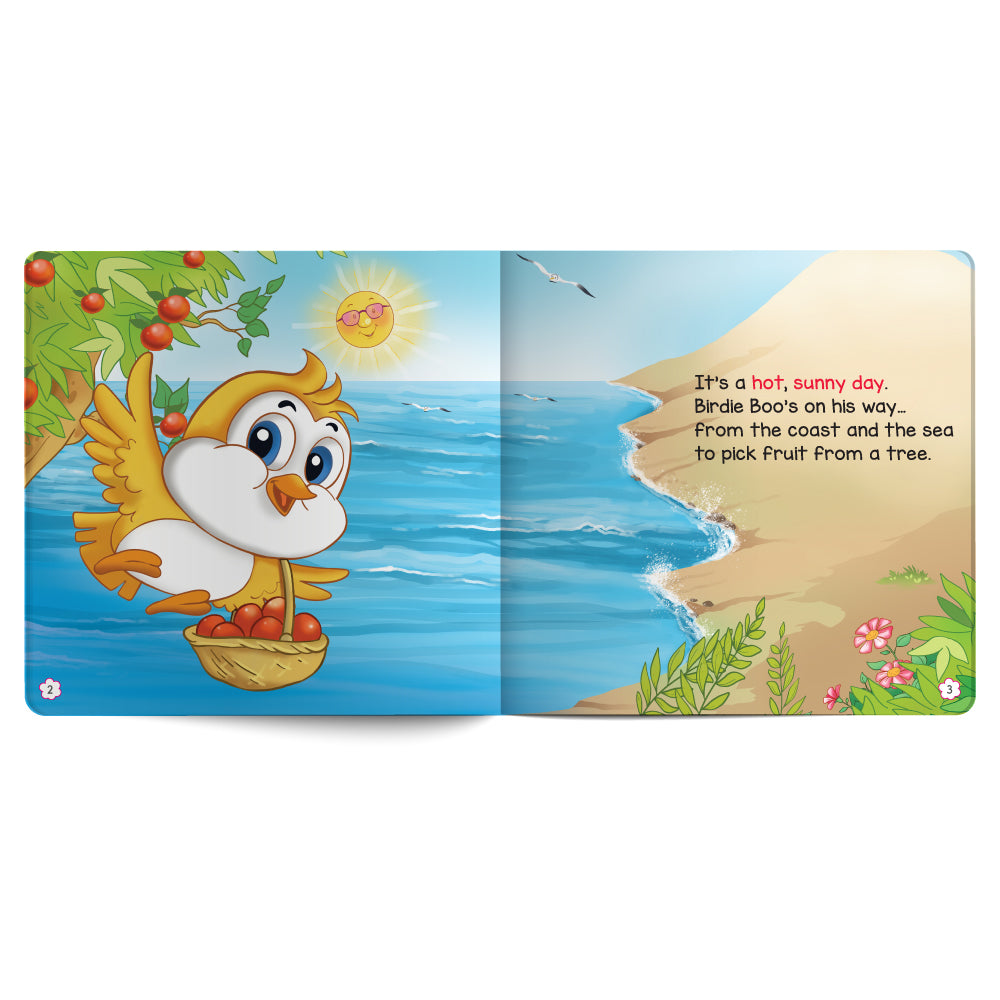Open book with a cartoon bird character on a beach scene