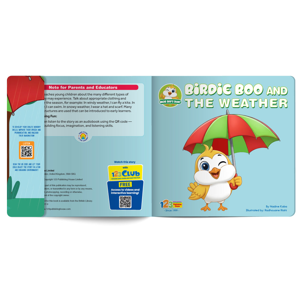 Children's book open to a page with a cartoon bird holding an umbrella and text about the weather.
