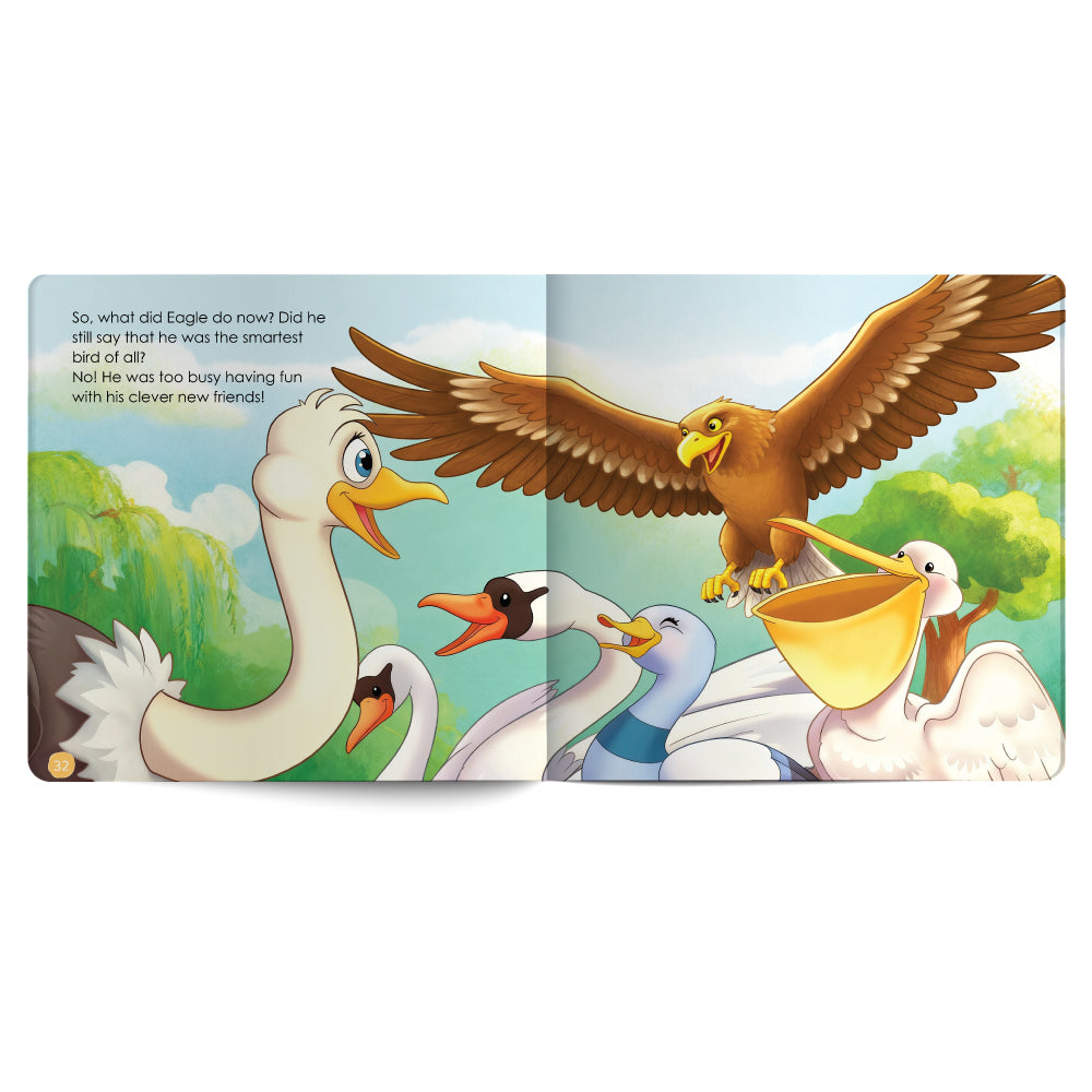 Illustration of an eagle and other birds with a scenic background