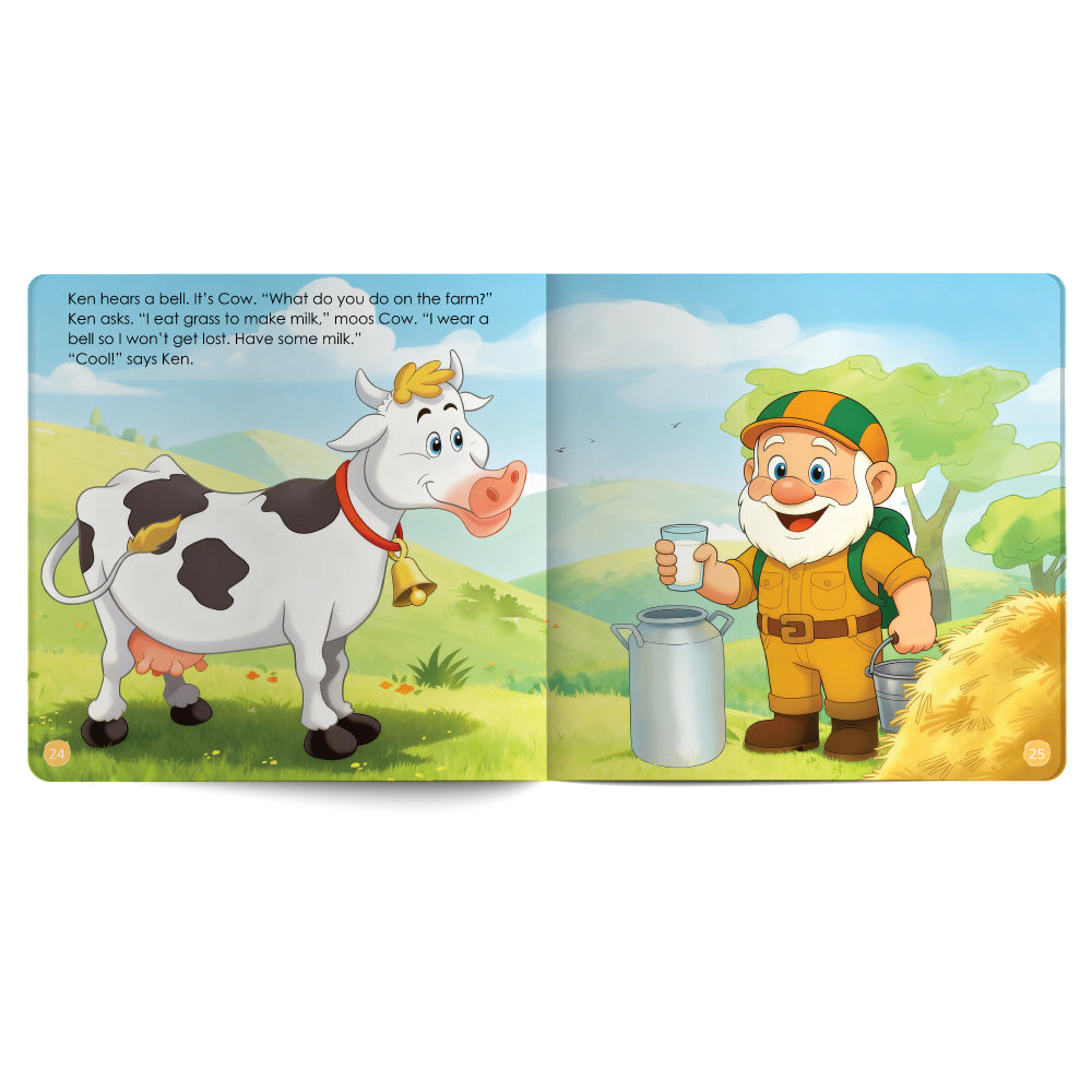 Illustrated book page with a cow and a farmer on a farm background