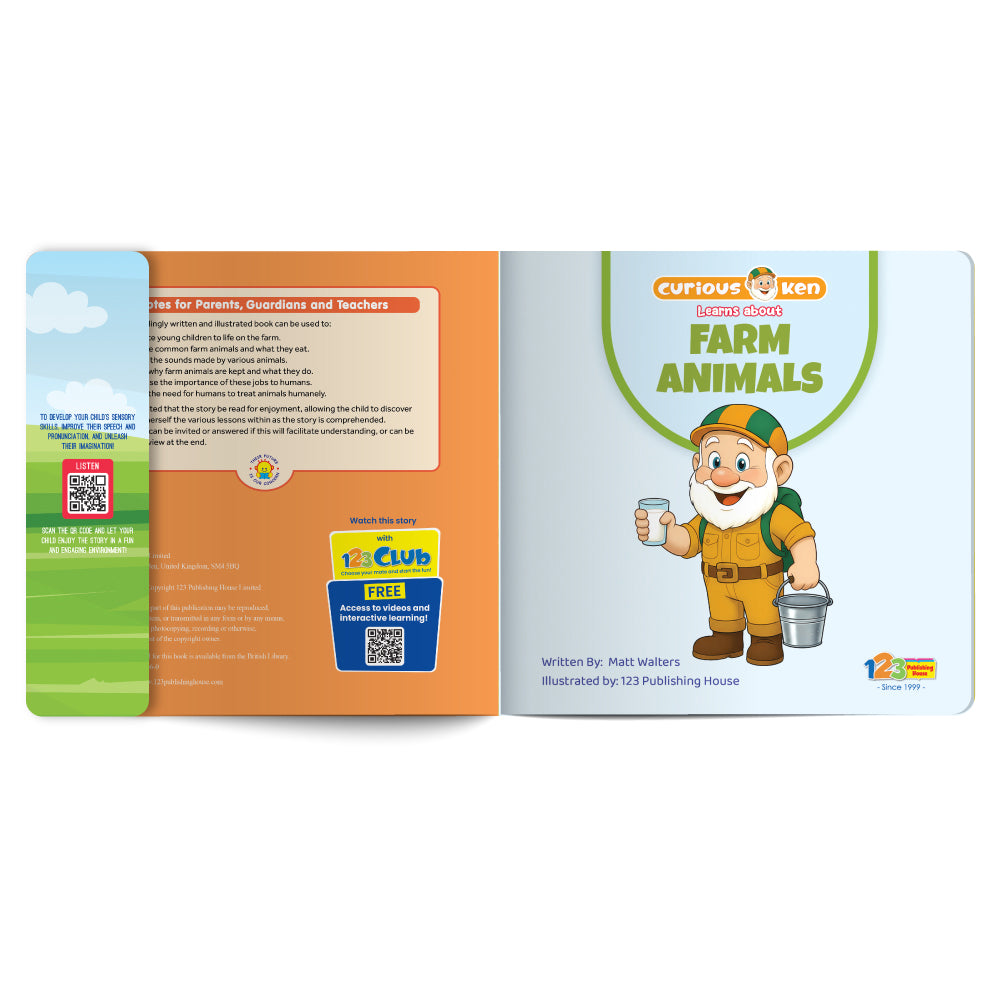 Open book showing a character and text on a white background