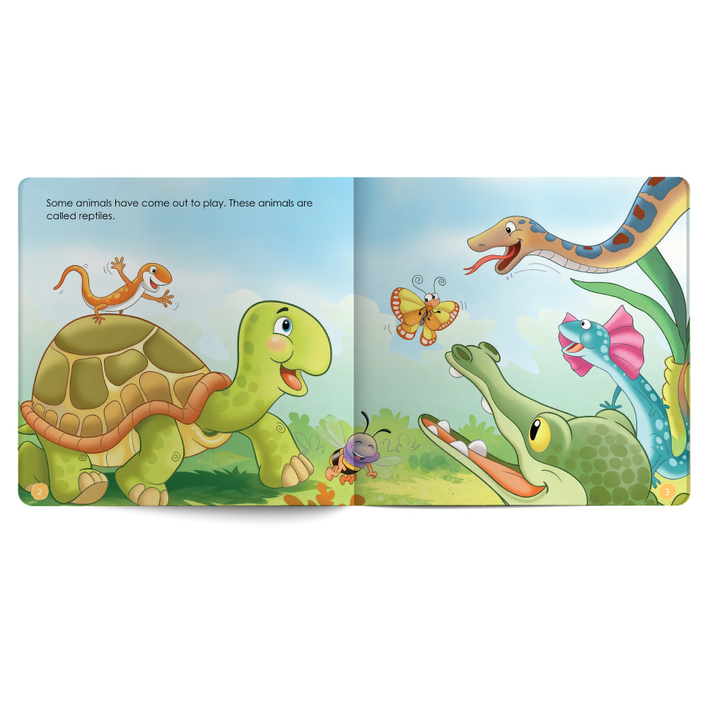 Illustrated book pages showing a turtle, snake, lizard, butterfly, and alligator on a white background.