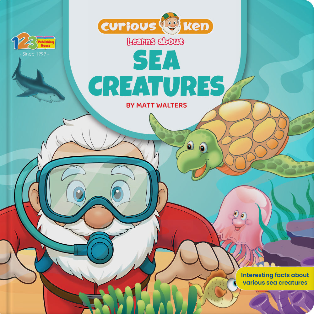 Book cover of 'Curious Ken Learns about Sea Creatures' with a cartoon character and sea creatures.