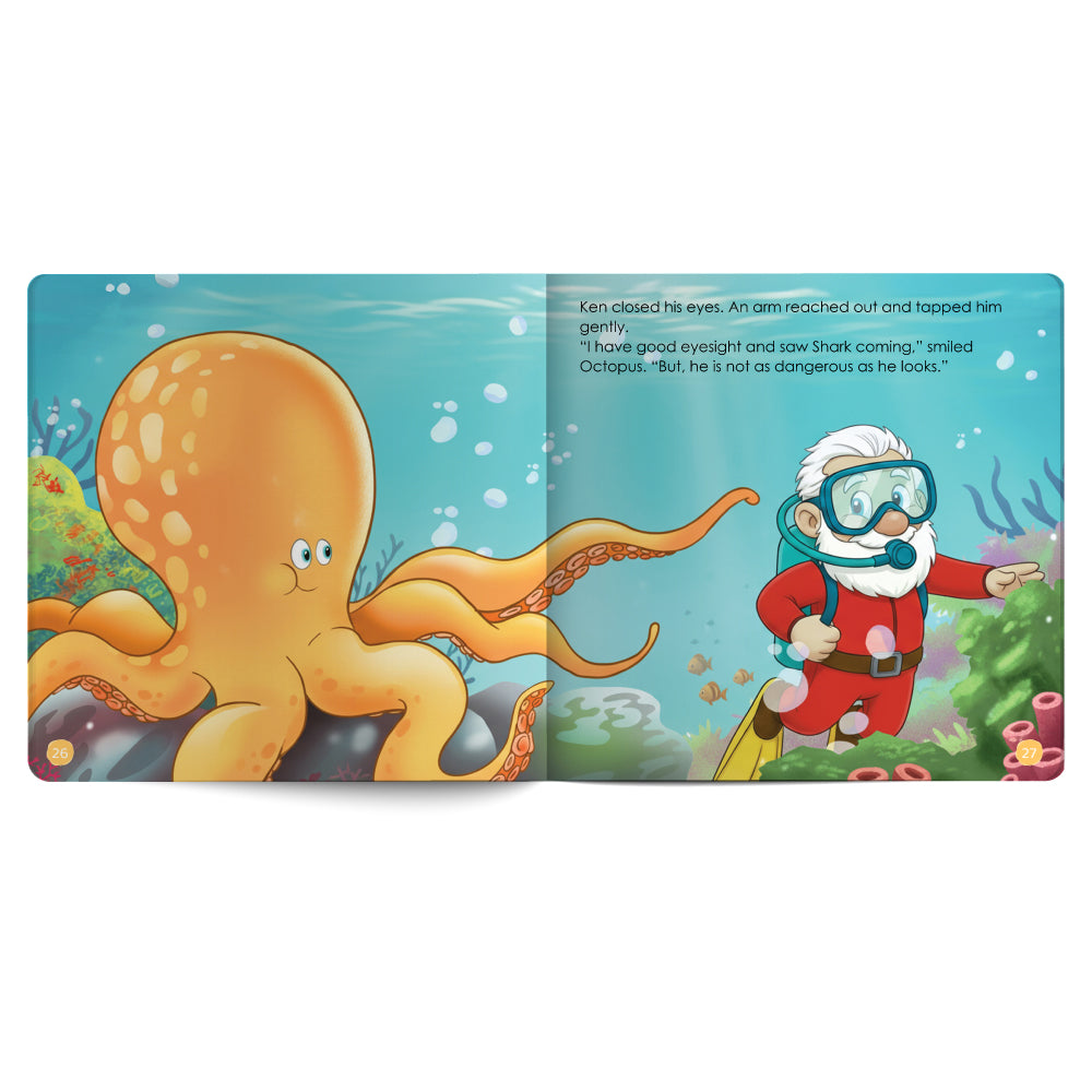 Illustrated book page with an octopus and a diver in an underwater scene