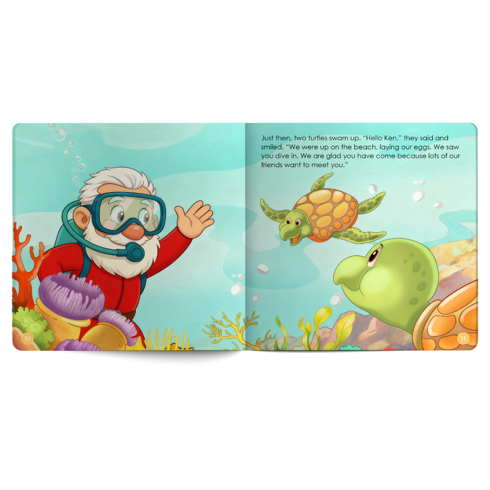 Illustrated book open to two pages with a cartoon character and turtles in an underwater scene.