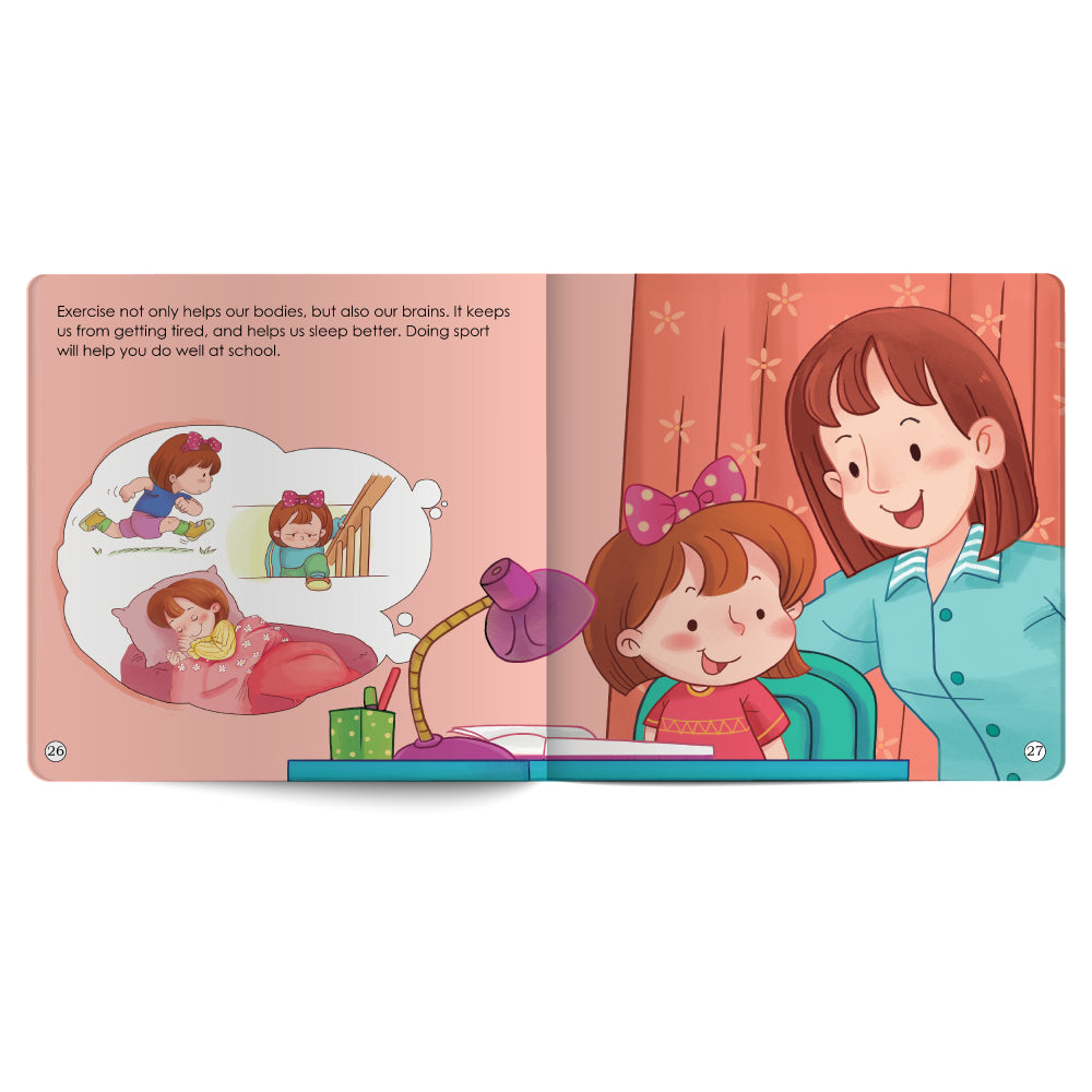 Illustrated book open to a page with a mother and child, showing bedtime routine activities.