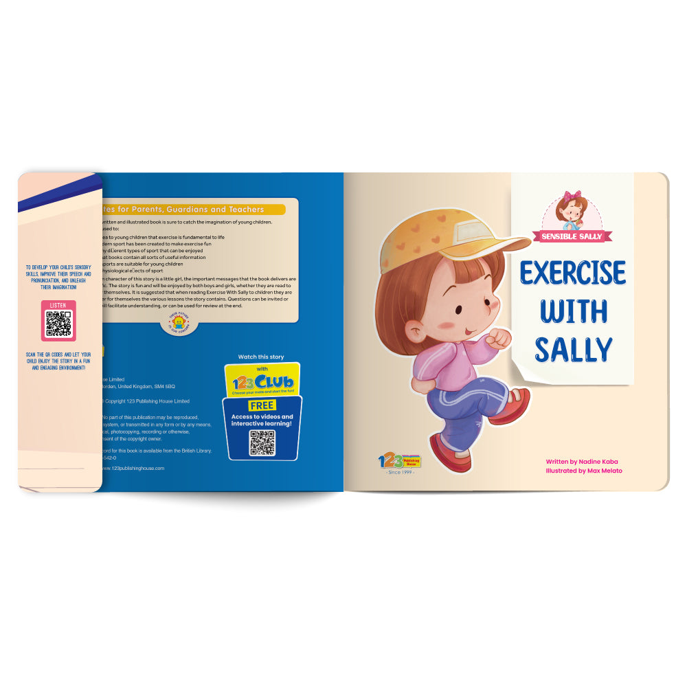 Open book with a character on the cover and text about 'Exercise with Sally'.