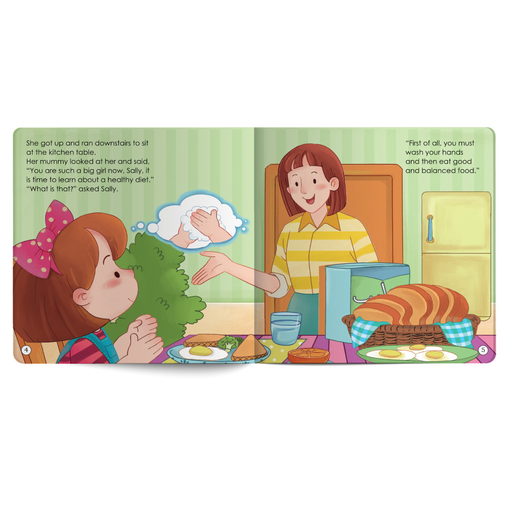 Illustrated book page with a child and mother at a kitchen table, featuring text and a cloud with a green leaf.