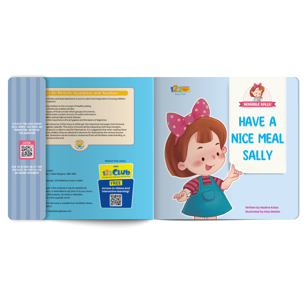 Open book with a cartoon character and text on a white background