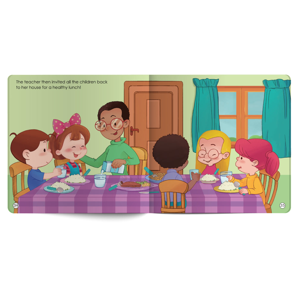 Illustration of children sitting around a table eating lunch with a teacher.
