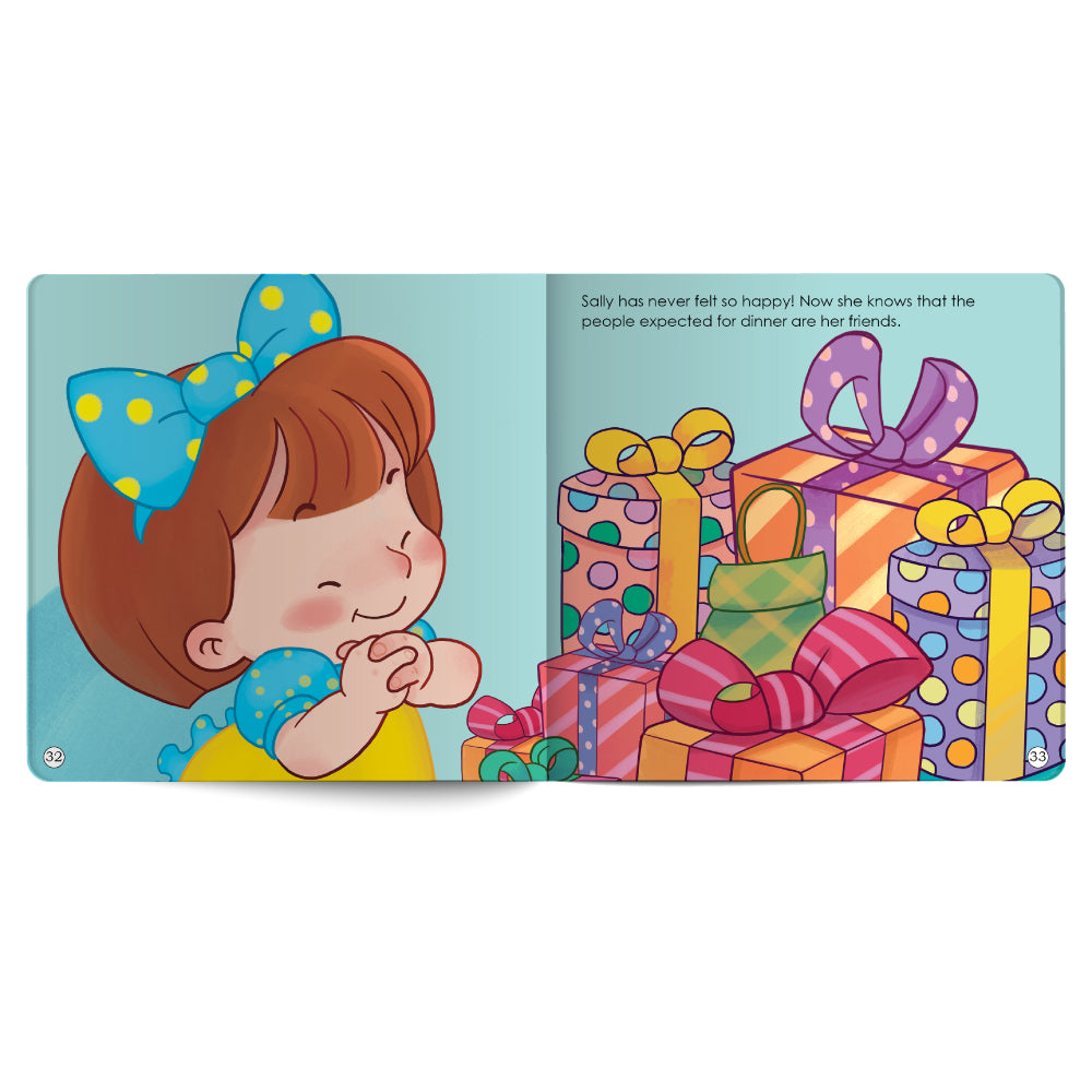 Illustration of a girl with presents on a book page