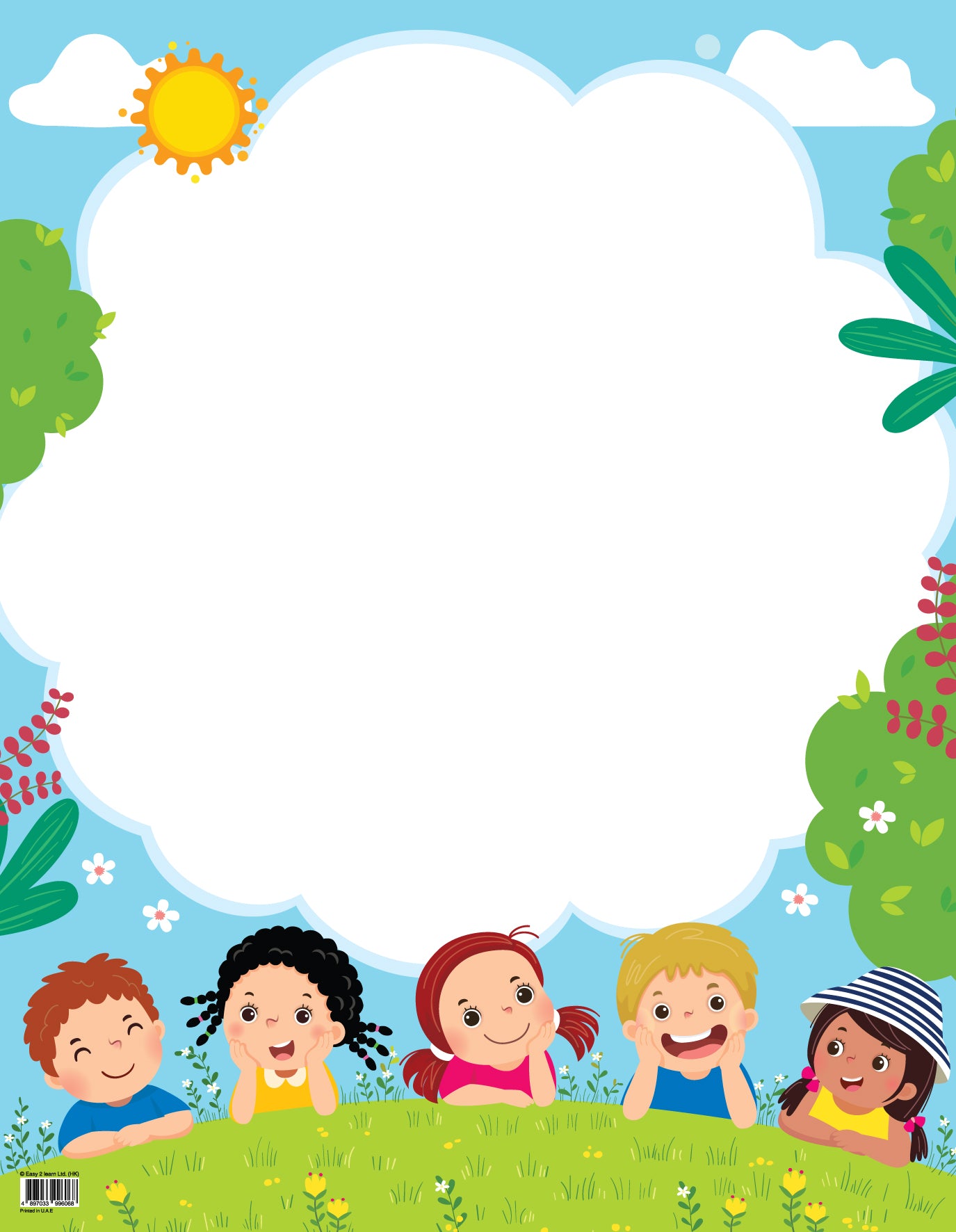 Children's book cover with five children in a garden setting