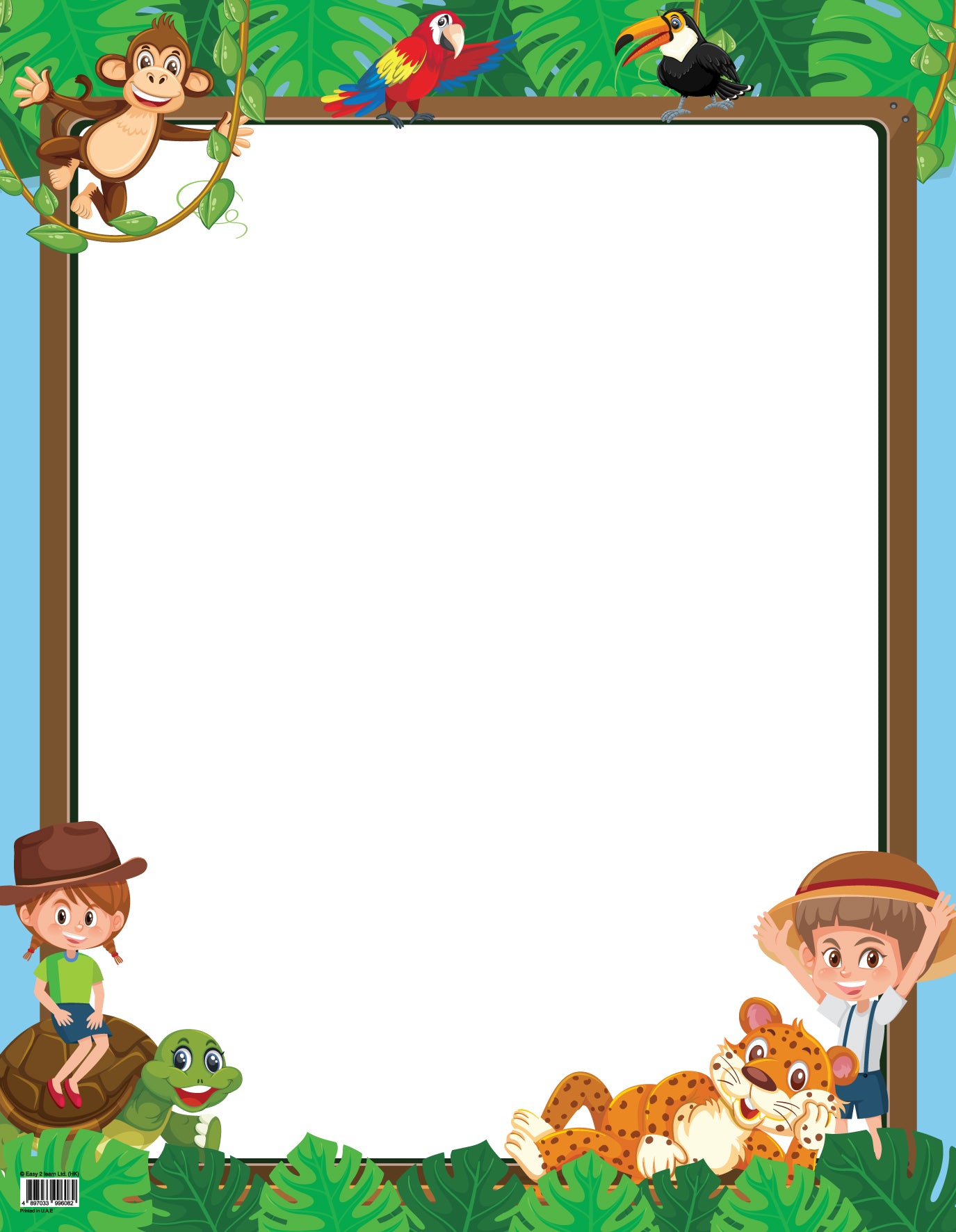 Colorful write-on chart with a jungle theme, featuring cartoon illustrations of a monkey, parrot, and cheetah.