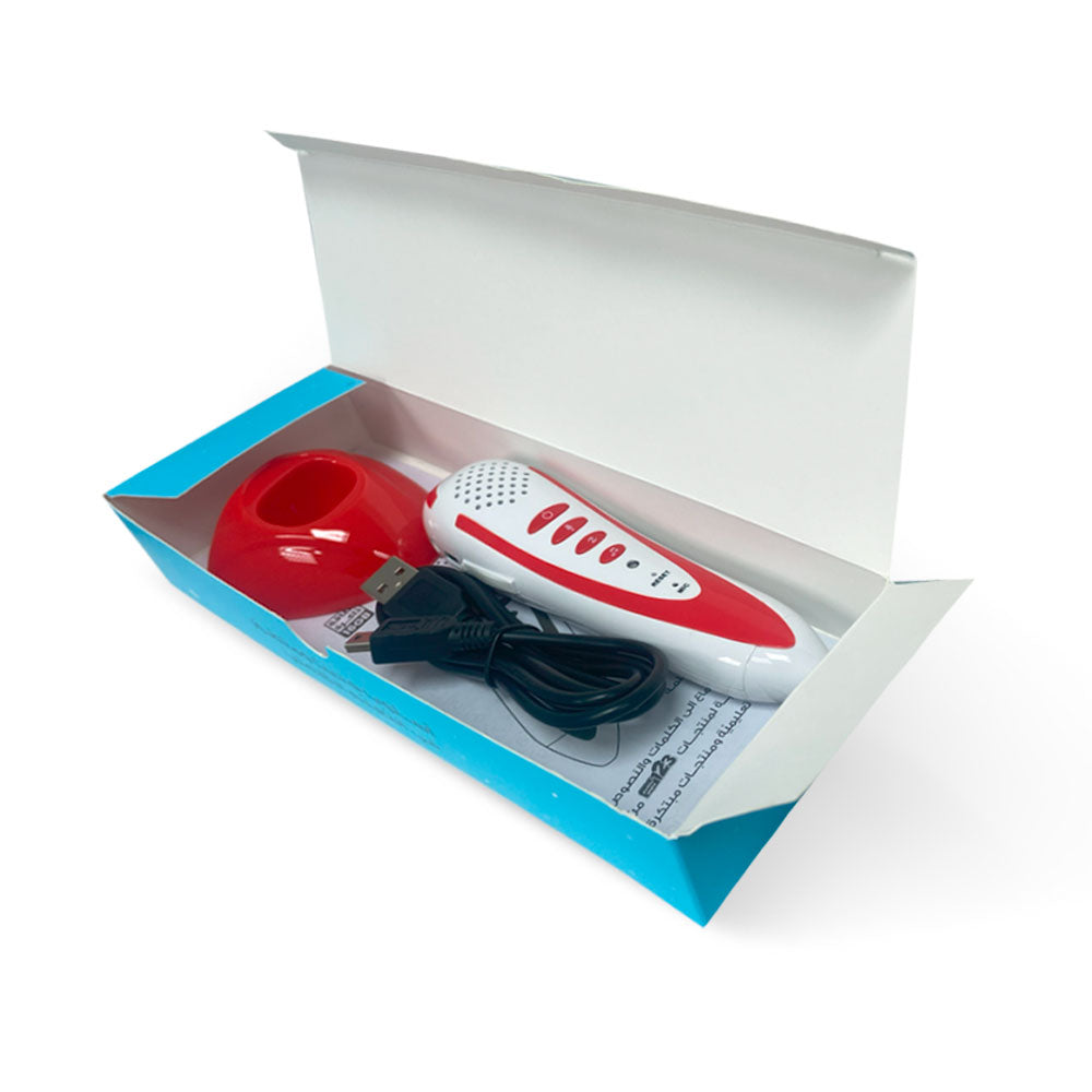 A reading pen interactive learning tool with a red handle and a white body, displayed in an open white box with a blue flap, accompanied by a USB cable and an instruction manual.