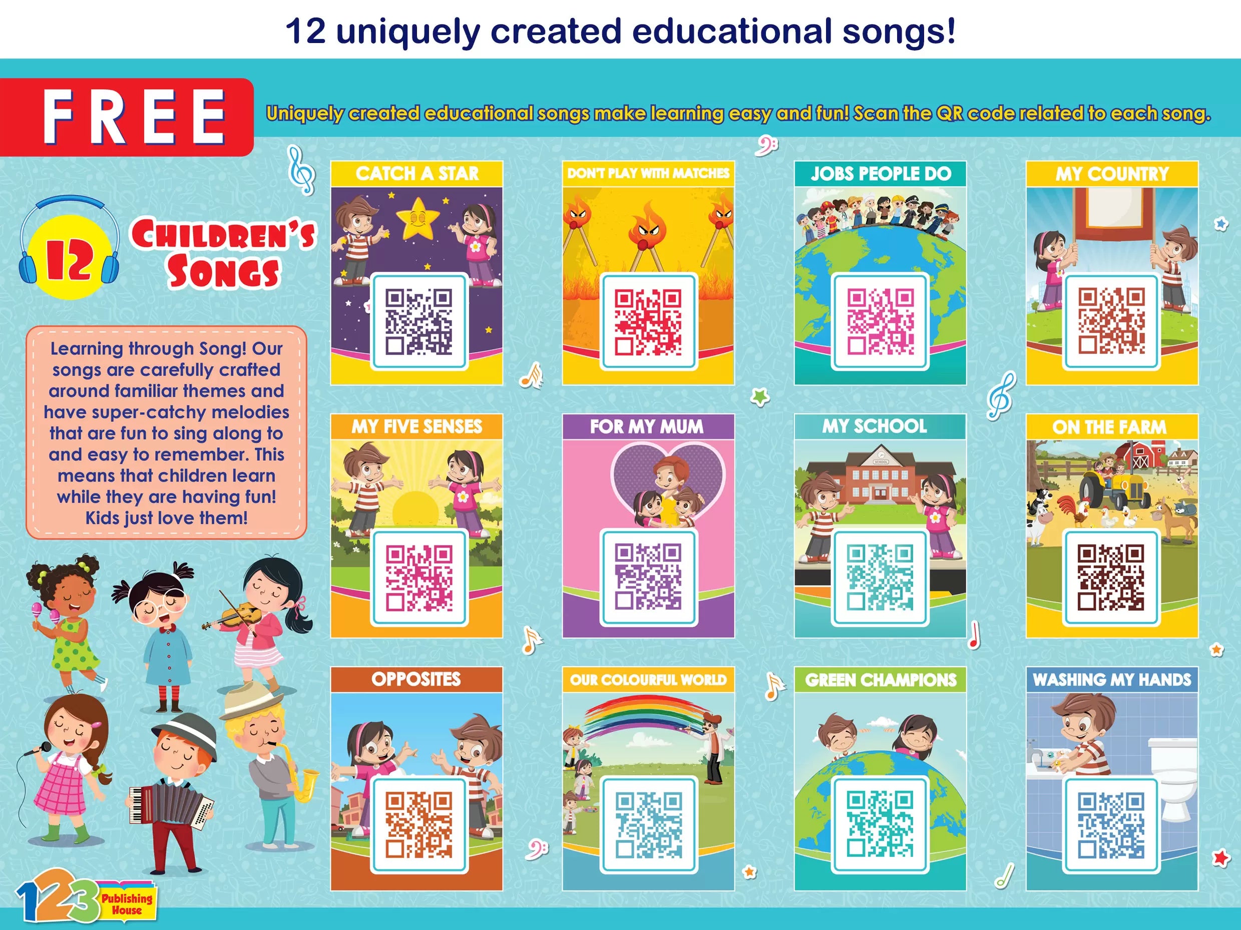 This is an educational product featuring 12 uniquely created educational songs for children, available through QR codes.