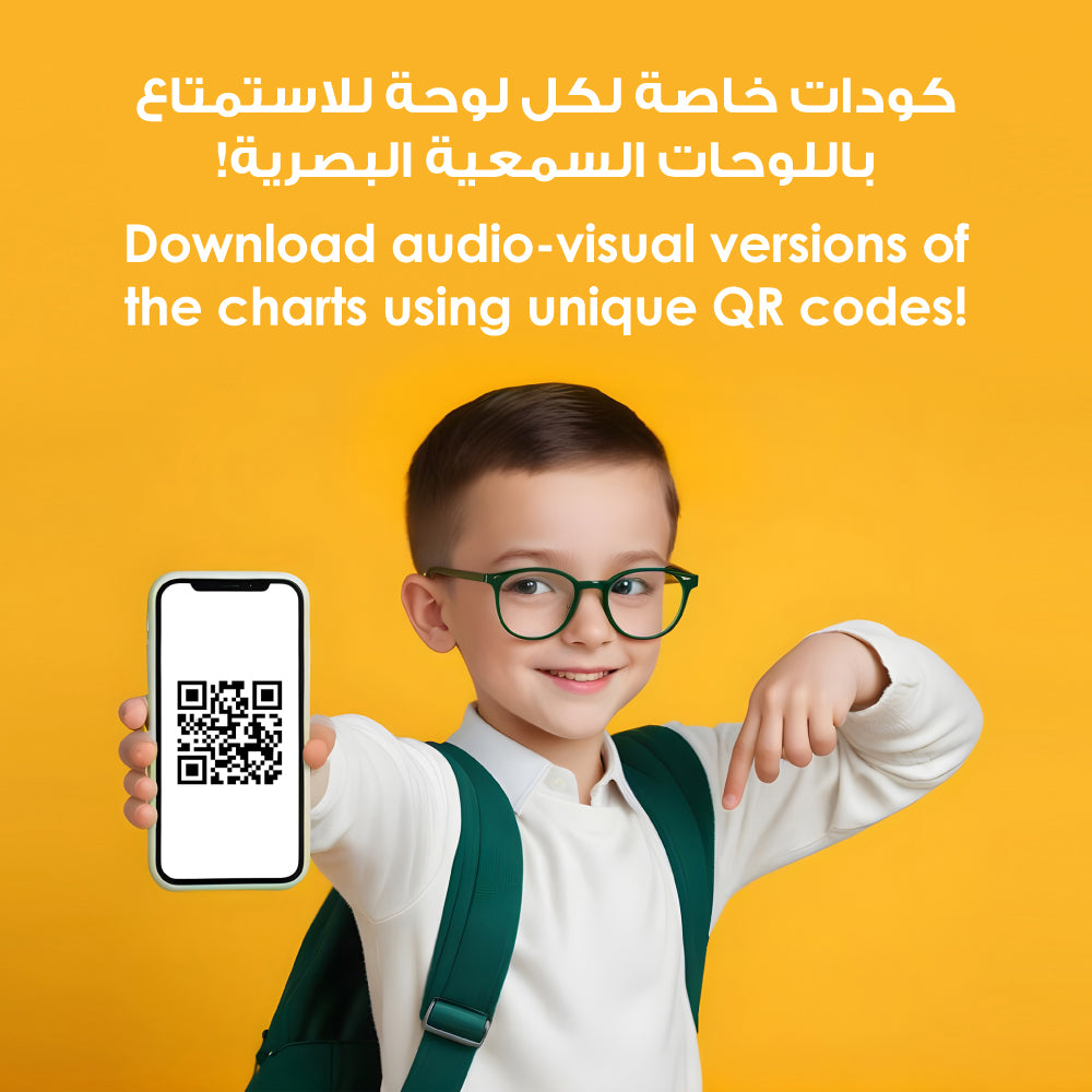 Child holding a phone with a QR code on a yellow background, promoting audio-visual chart versions.