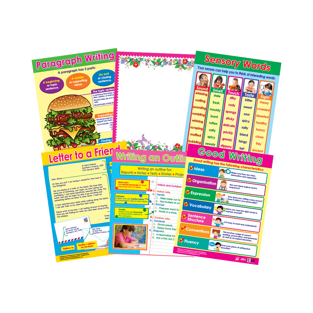 A set of six colorful educational wall charts for children, featuring various topics like writing skills and sensory words, with some charts designed for write-on/wipe-off activities.