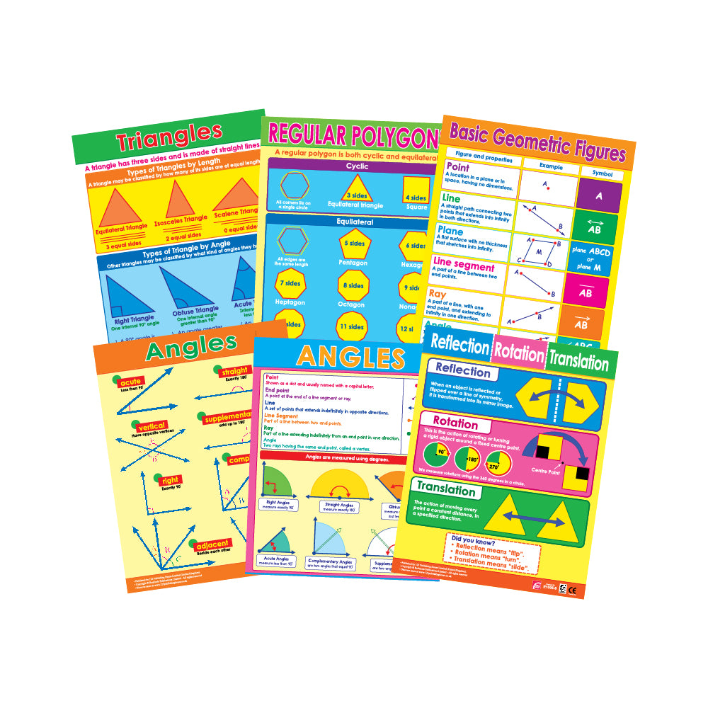 A set of six colorful educational wall charts on geometry topics, including angles, regular polygons, and basic geometric figures, designed for children's educational use.