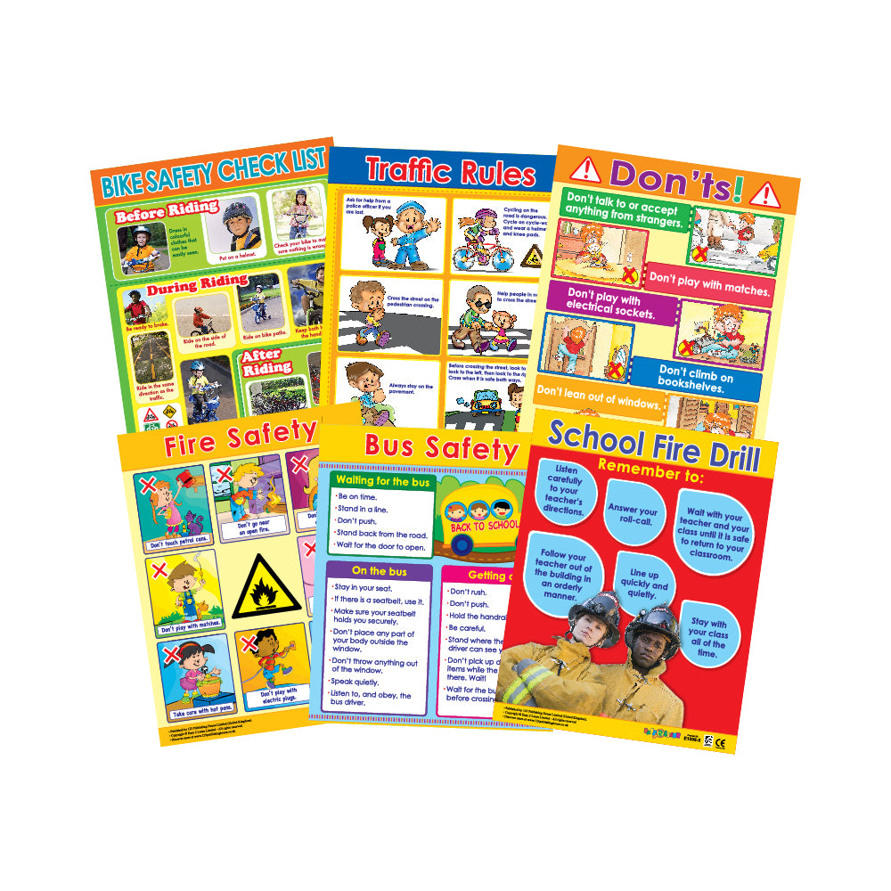 A set of six colorful safety-themed wall charts designed for educational purposes, featuring various safety topics like electrical safety, traffic rules, and fire safety, intended for a children's audience.