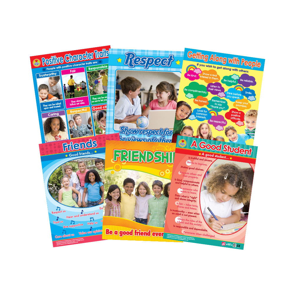 A set of six colorful educational wall charts for children, featuring topics such as friendship, respect, and being a good student, with illustrations and text.