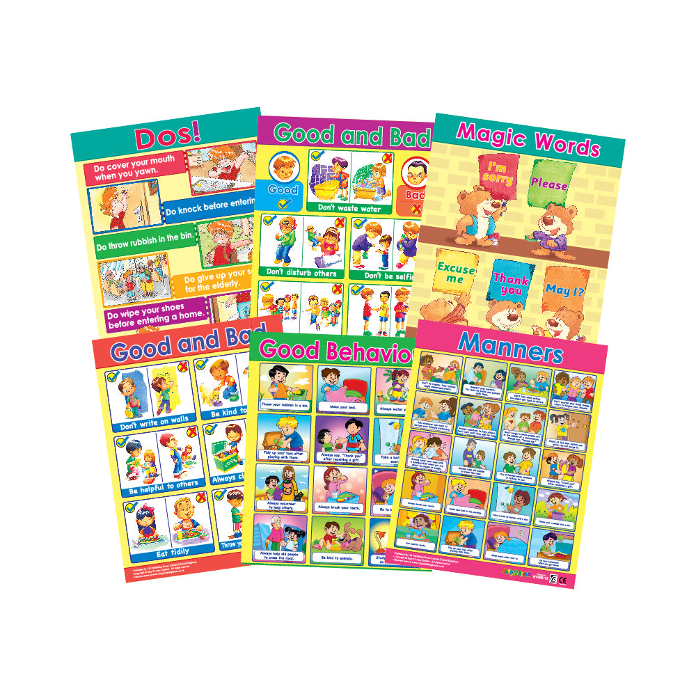 A set of six colorful wall charts with illustrations and text related to good manners for children, to be used as educational aids.