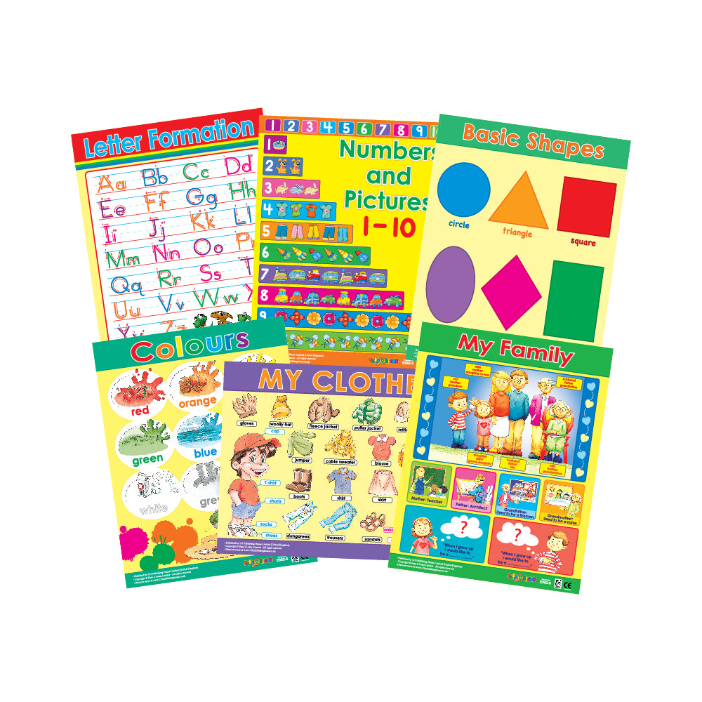 A set of six colorful educational wall charts for preschoolers, featuring topics like letter formation, numbers, shapes, colors, and clothes, displayed on a white background.