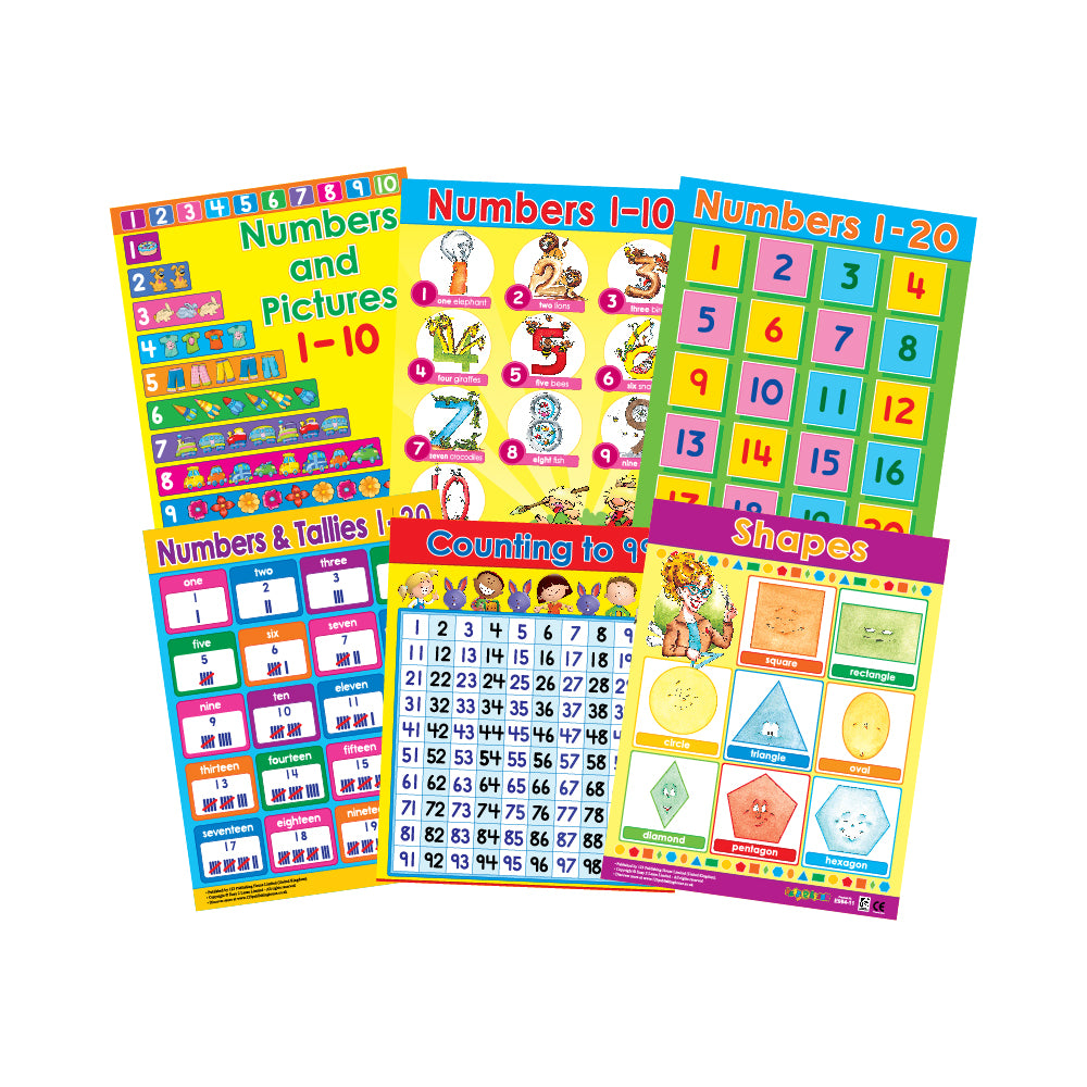 A set of six colorful educational wall charts for children, featuring numbers and shapes, displayed on a white background.
