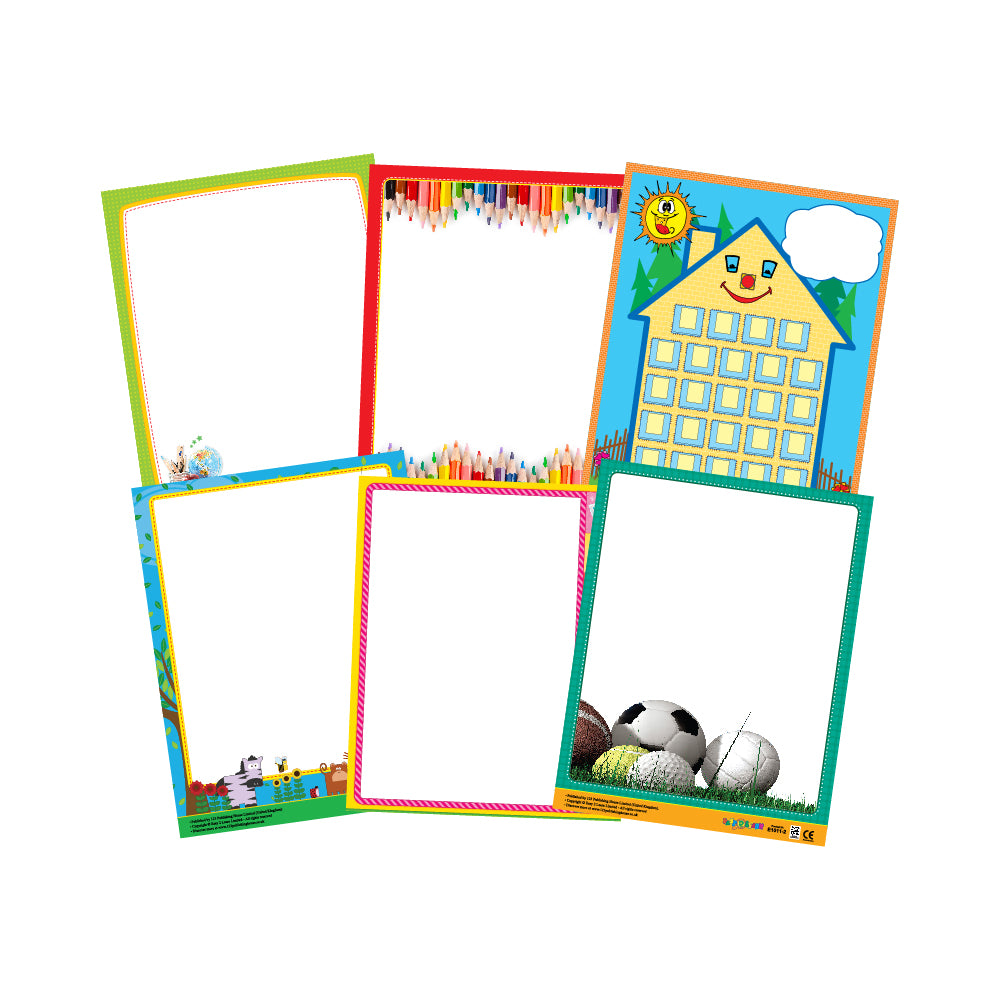 A set of colorful educational wall charts with various designs including a house, animals, and sports-themed illustrations, intended for write-on activities.