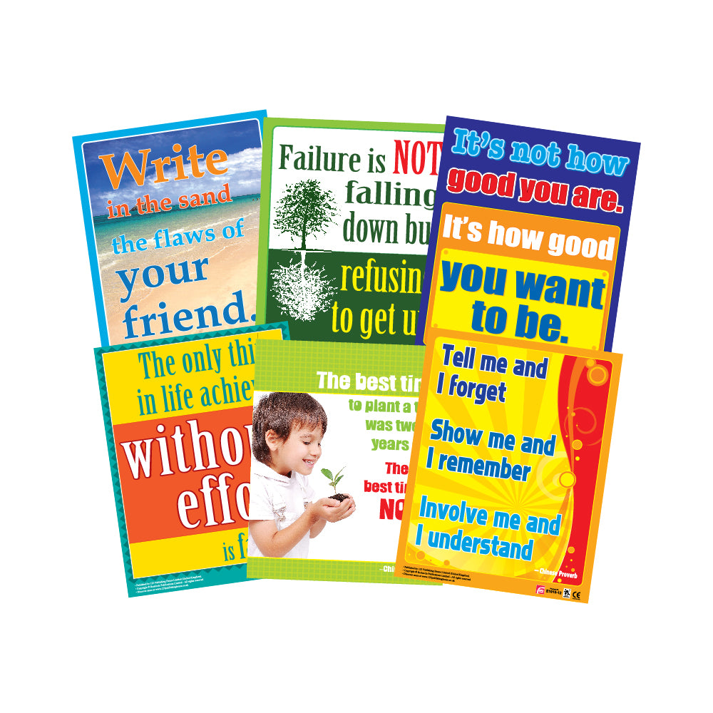 A set of six colorful educational wall charts with motivational slogans and illustrations, intended for use in an educational setting.