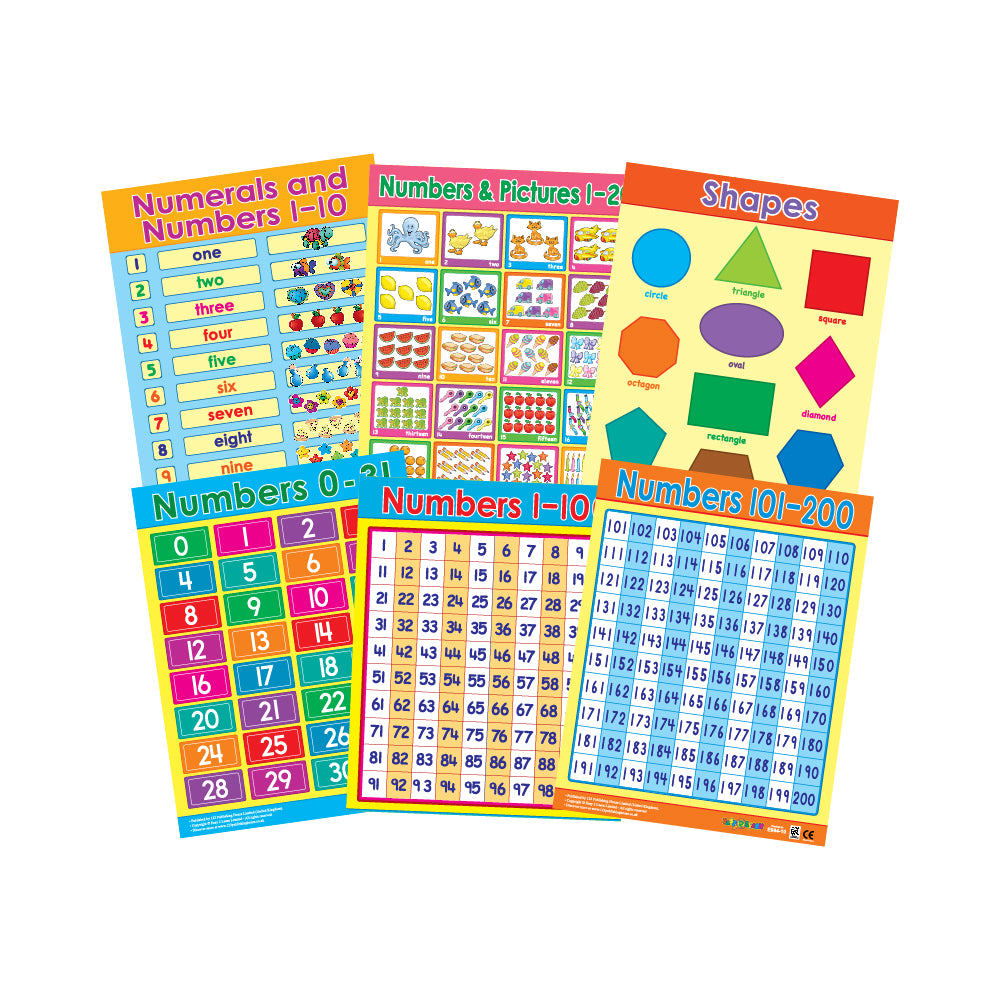 A set of six colorful educational wall charts for children, featuring counting and shapes topics, intended to be used for educational purposes.