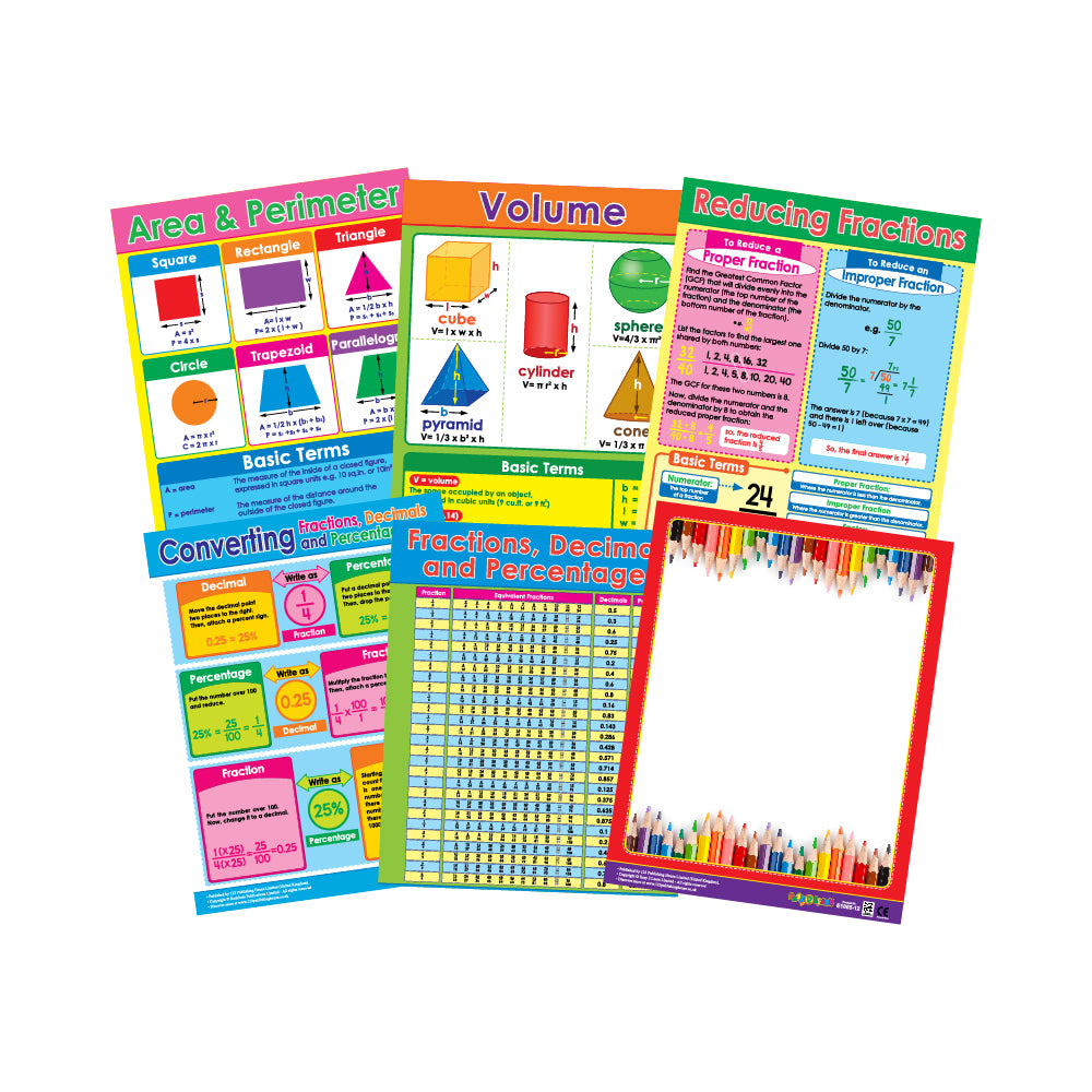 A set of six colorful educational wall charts on geometry, conversions, and comparisons, displayed against a white background.