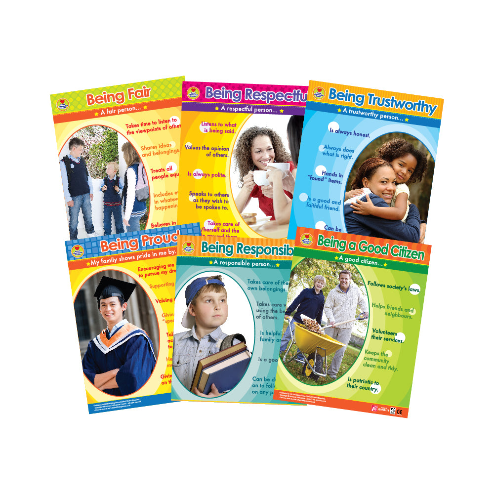 A set of six colorful educational wall charts with the titles 'Being Fair', 'Being Responsible', 'Being Trustworthy', 'Being a Good Citizen', and 'Being Proud'. Each chart features an illustration and text related to the title, aimed at teaching good character traits.