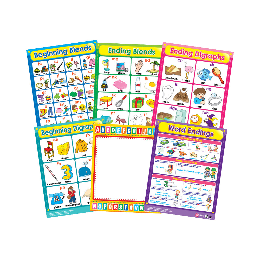 Set of six colorful educational wall charts for children learning to read, featuring various topics like blends and digraphs, displayed on a white background.