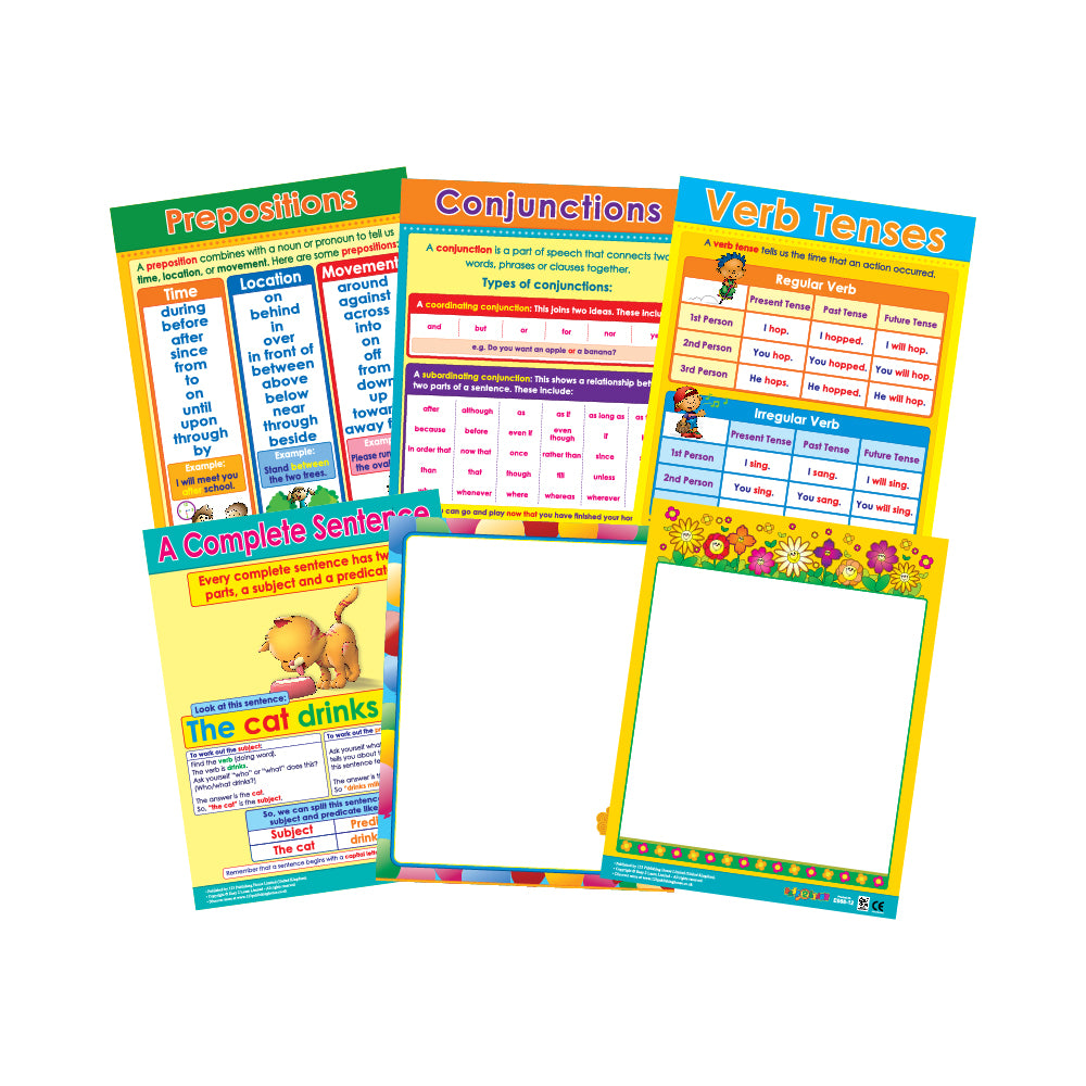 Set of six colorful educational wall charts for grammar and language learning, including topics such as prepositions, conjunctions, and verb tenses. Each chart has a write-on, wipe-off feature and a laminated surface.