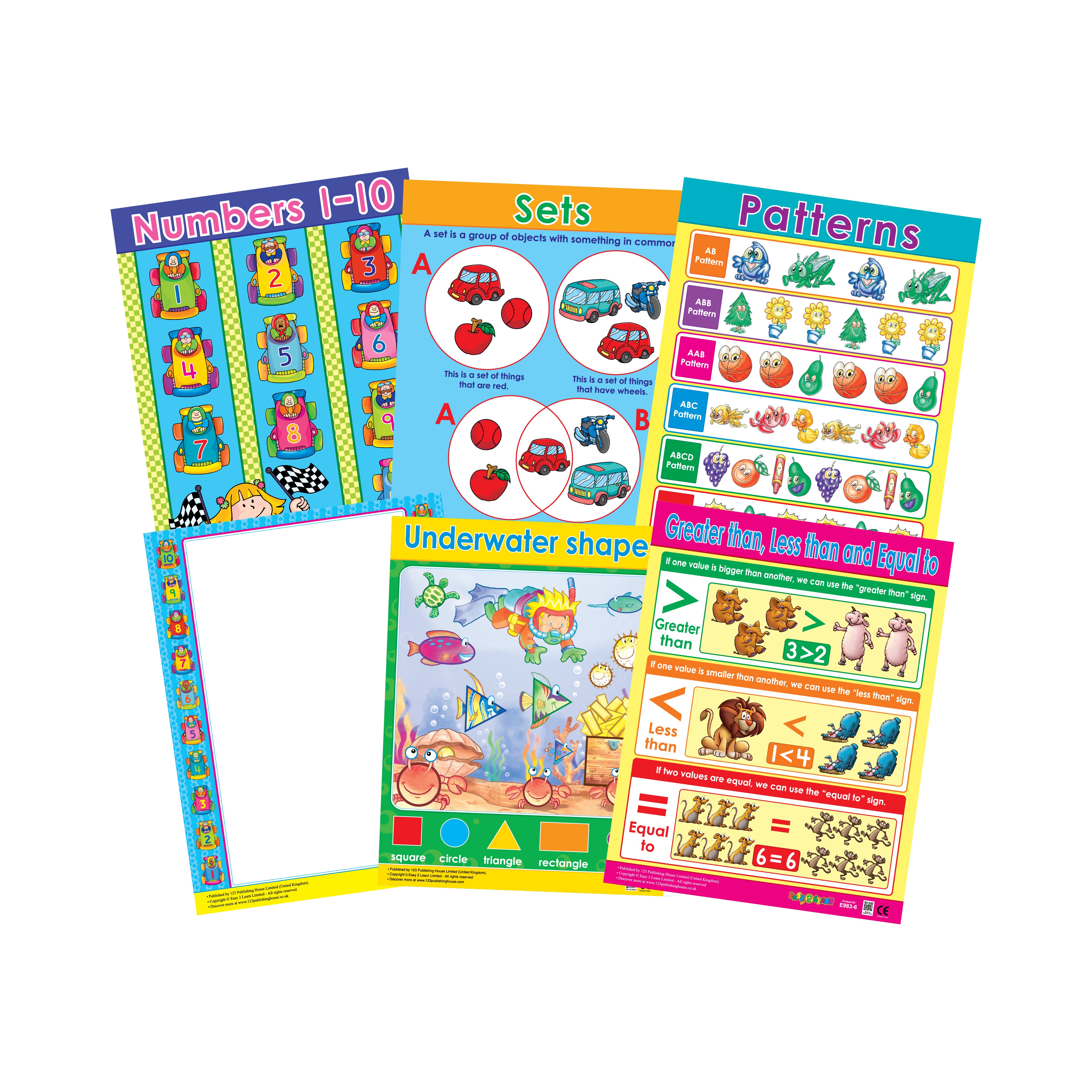 A set of six colorful educational wall charts for children, covering topics such as numbers, sets, patterns, and shapes, with one write-on, wipe-off chart included.