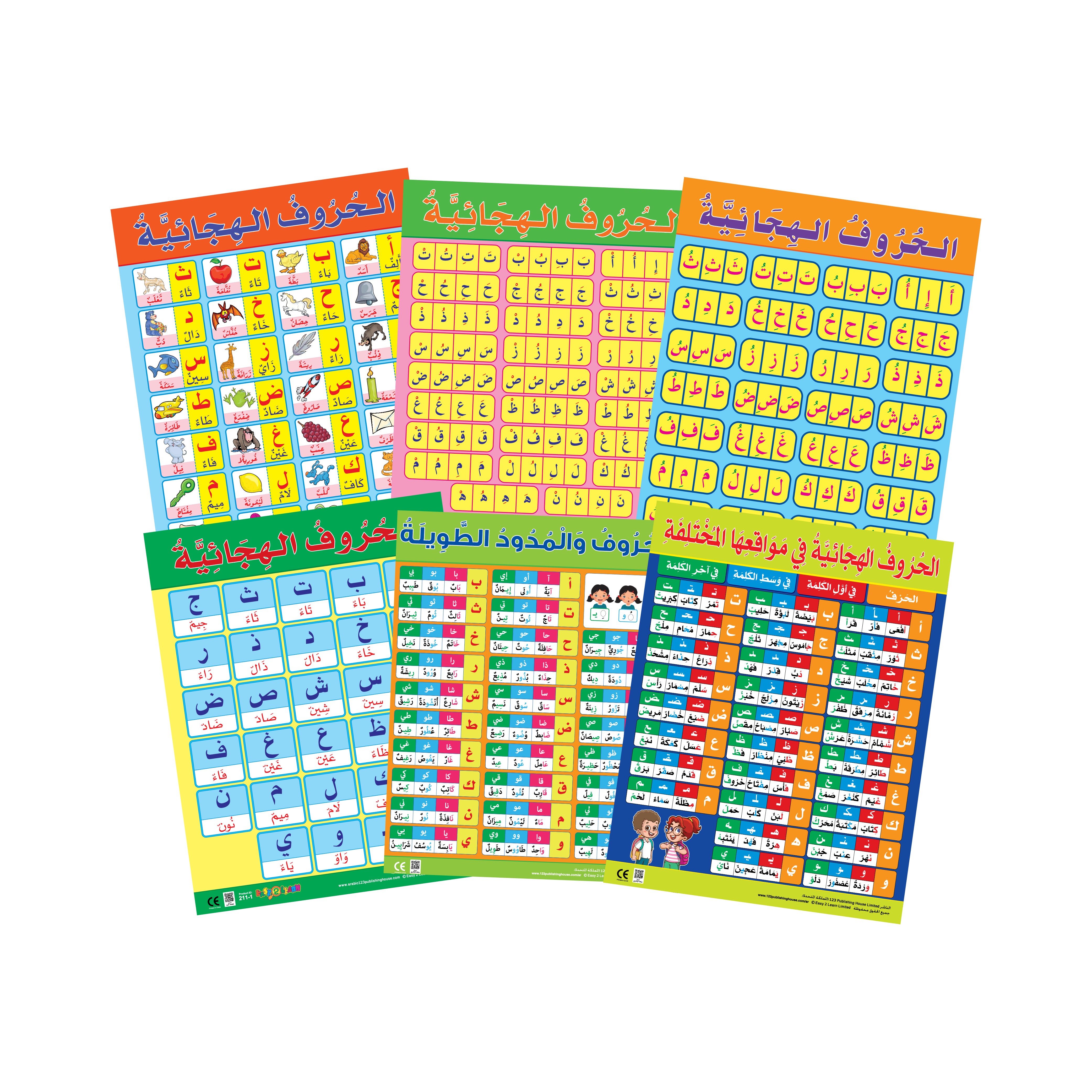 Set of educational posters with colorful charts and Arabic text on a white background