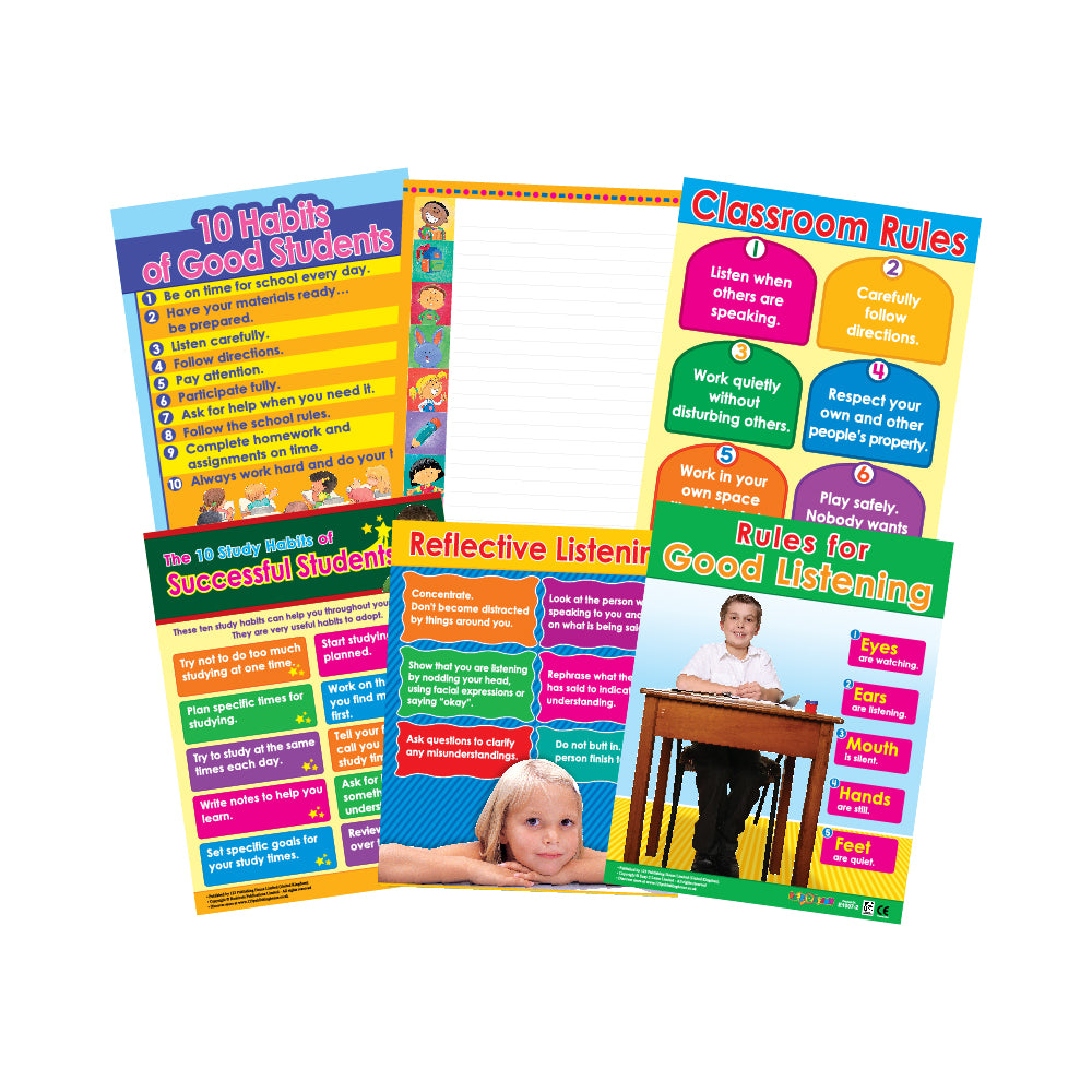 A set of six colorful educational wall charts for children, featuring topics such as being a good student, classroom rules, and listening skills, with text and illustrations on each.