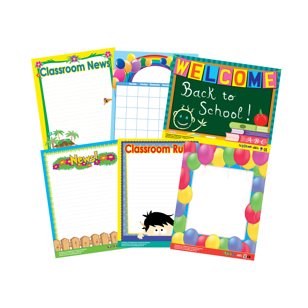 A set of six colorful educational wall charts for classrooms, including topics like 'Welcome', 'Classroom News', and 'Back to School'. Each chart has a colorful border and playful illustrations.