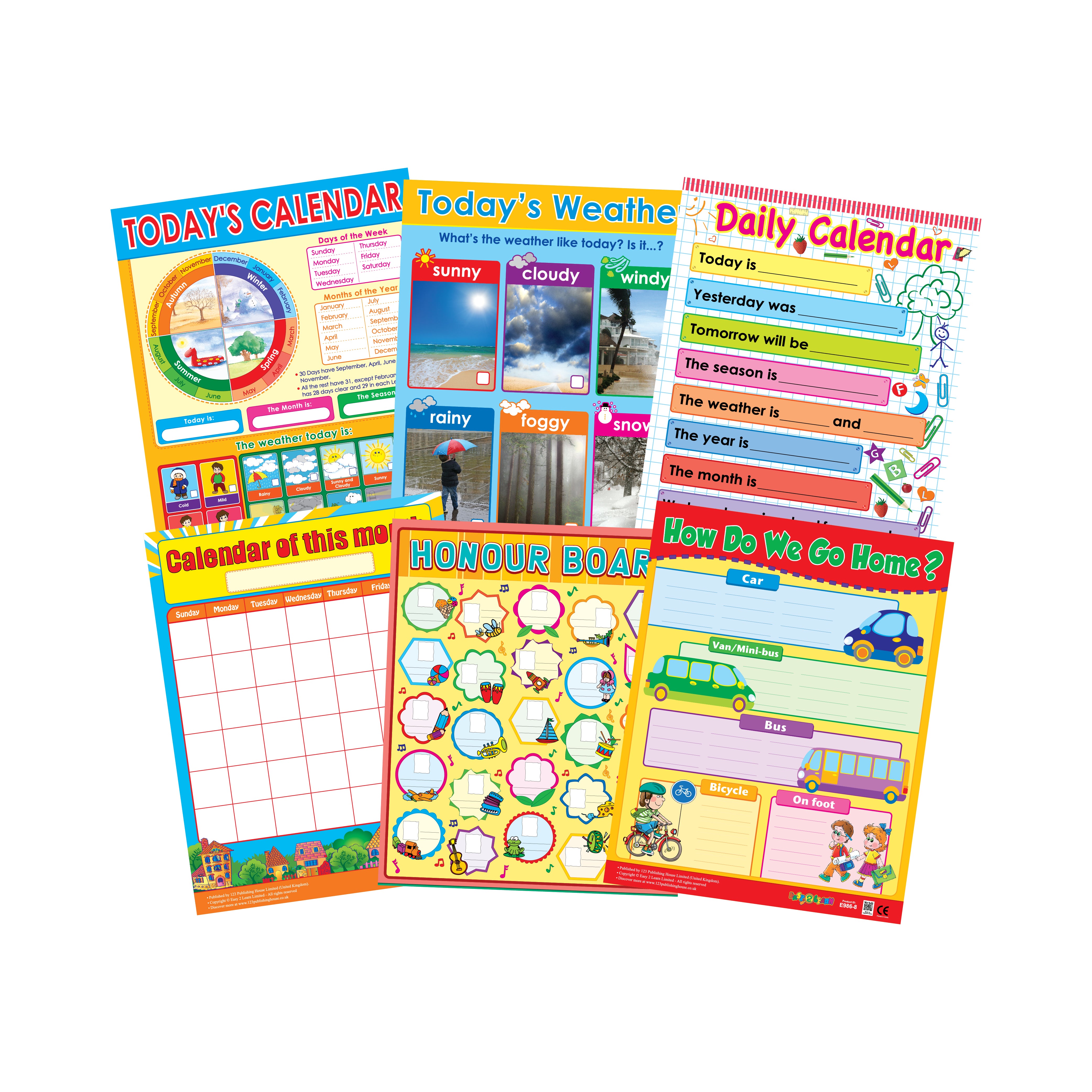 A set of six colorful educational wall charts designed for classroom use, featuring various topics such as calendar, weather, and interactive learning activities.