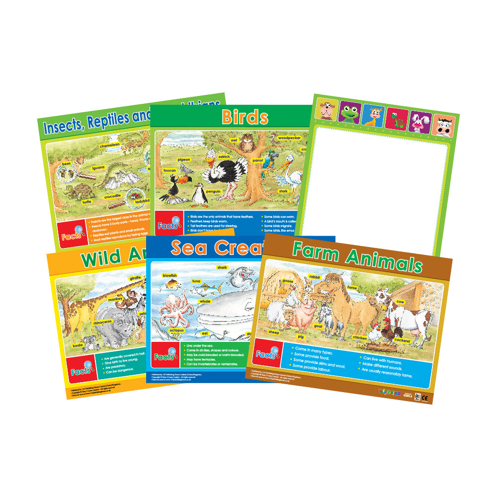 Set of six educational wall charts for children, featuring various animal themes such as birds, sea creatures, and farm animals, with colorful illustrations and text.