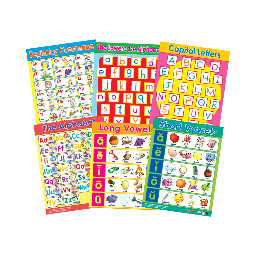 A set of six colorful educational wall charts for children learning language arts, featuring topics such as the alphabet and vowel sounds, displayed on a white background.