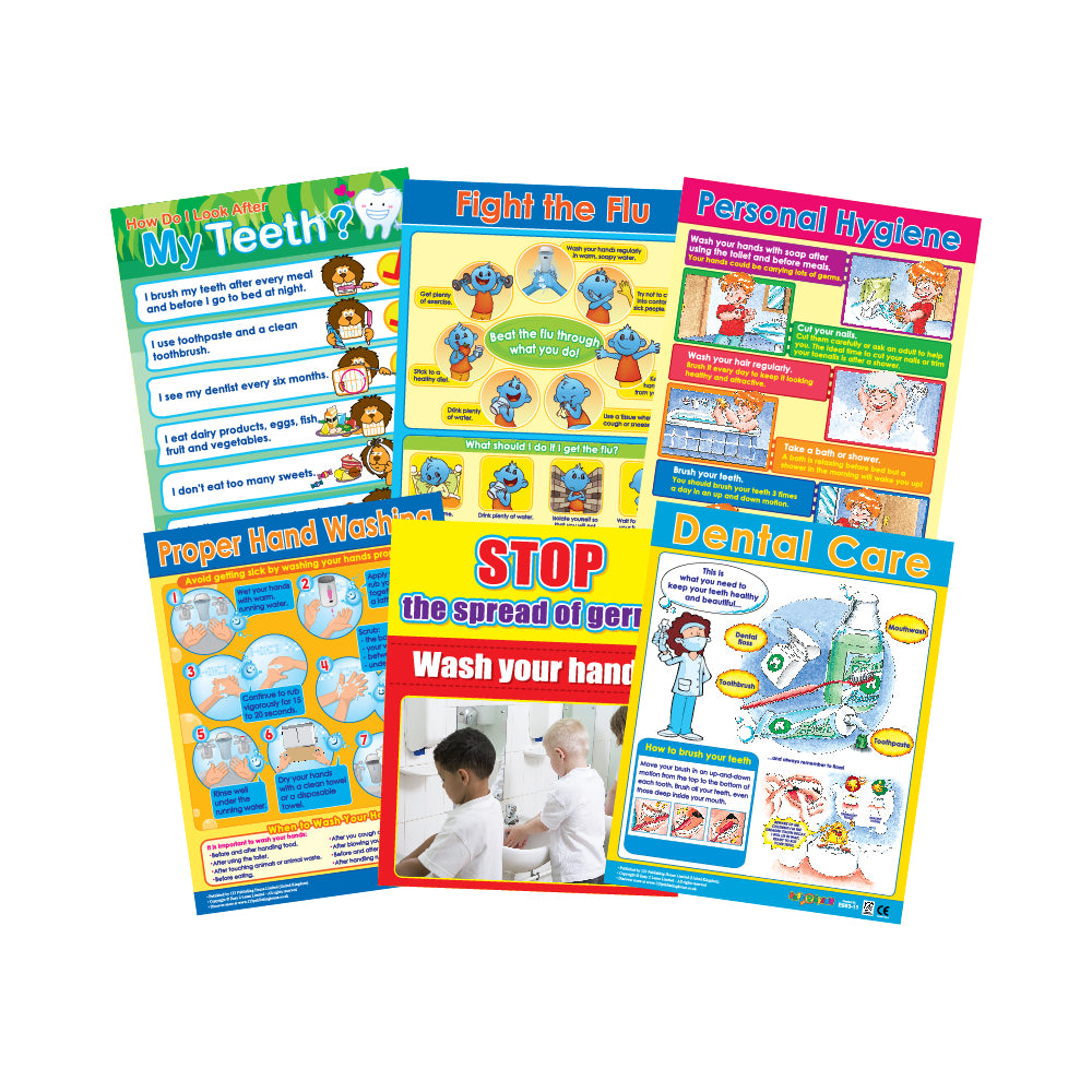 Set of six colorful educational wall charts for children on health and hygiene topics, including charts about washing hands, dental care, and germs.