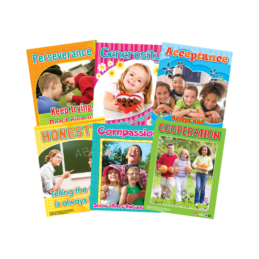 A set of six colorful educational wall charts for children, each focusing on a different character trait, such as perseverance, generosity, and honesty, with illustrations and text.