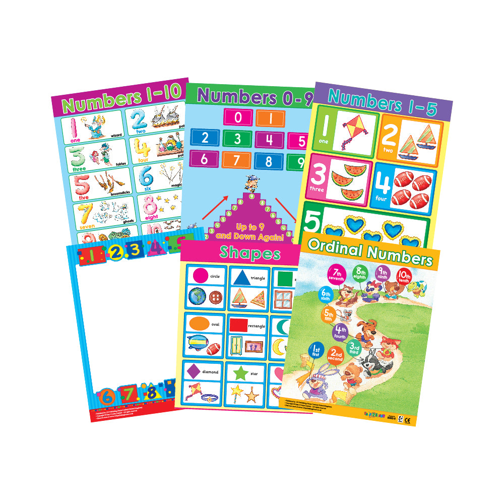 A set of six colorful educational wall charts for preschool maths, including numbers and shapes, displayed with a white write-on, wipe-off chart and a laminated surface.