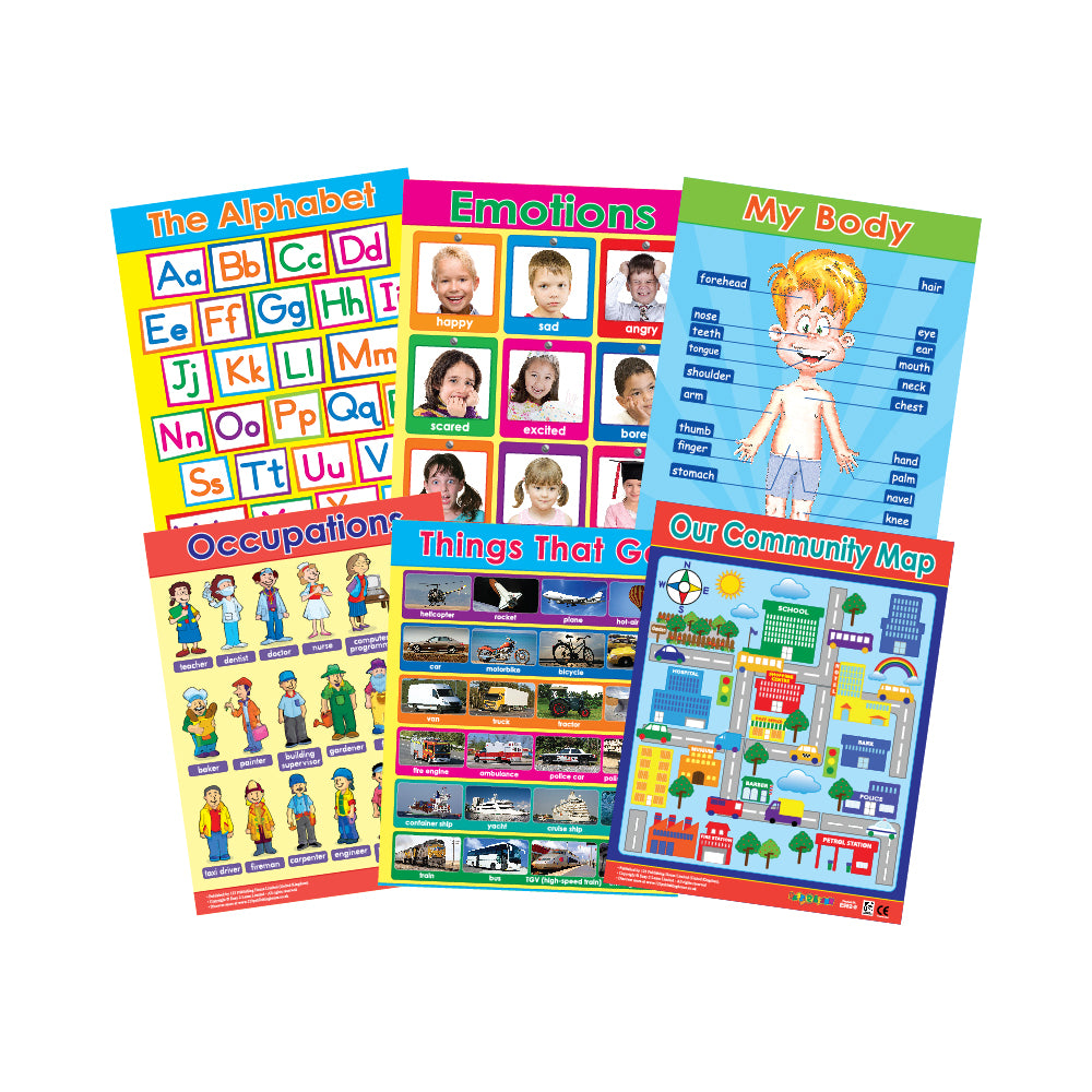 A set of six colorful educational wall charts designed for young learners, covering topics such as the alphabet, emotions, body parts, and community map.