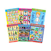 A set of six colorful educational wall charts designed for young learners, covering topics such as the alphabet, emotions, body parts, and community map.