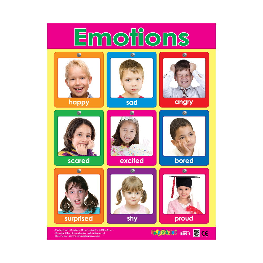 A colorful wall chart titled 'Emotions' showing portraits of children with different facial expressions and labels such as happy, sad, surprised, bored, excited, and proud.